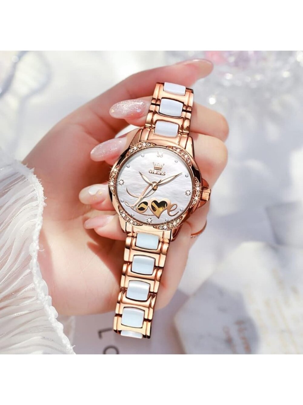 Olevs Women's White Butterfly Skeleton Diamond Rose Gold Automatic Luxury Watch - Picture 2 of 5